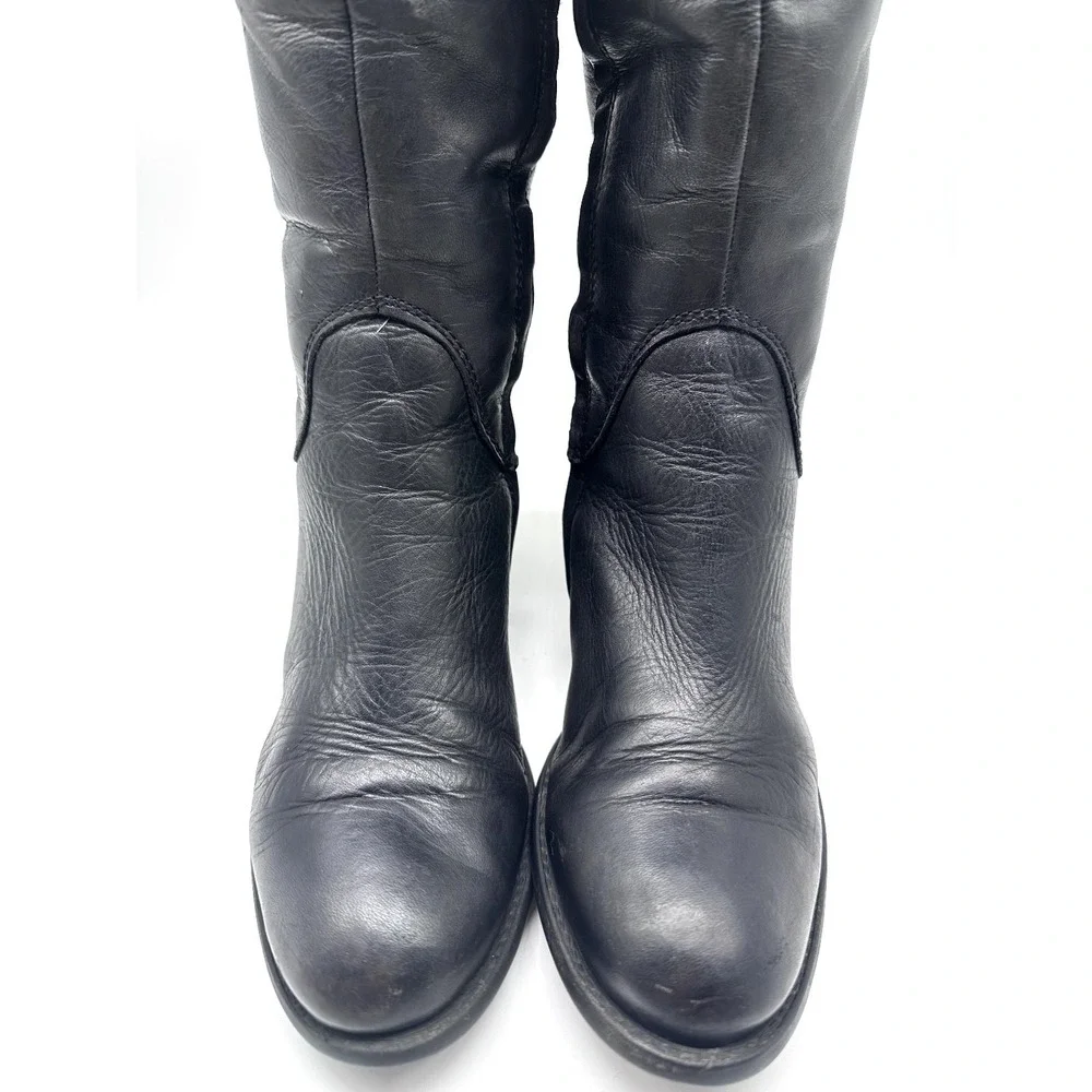 Vince Camuto Bollo Black Leather Knee High Biker Moto Goth Studded Boots 6.5 B - Picture 9 of 16